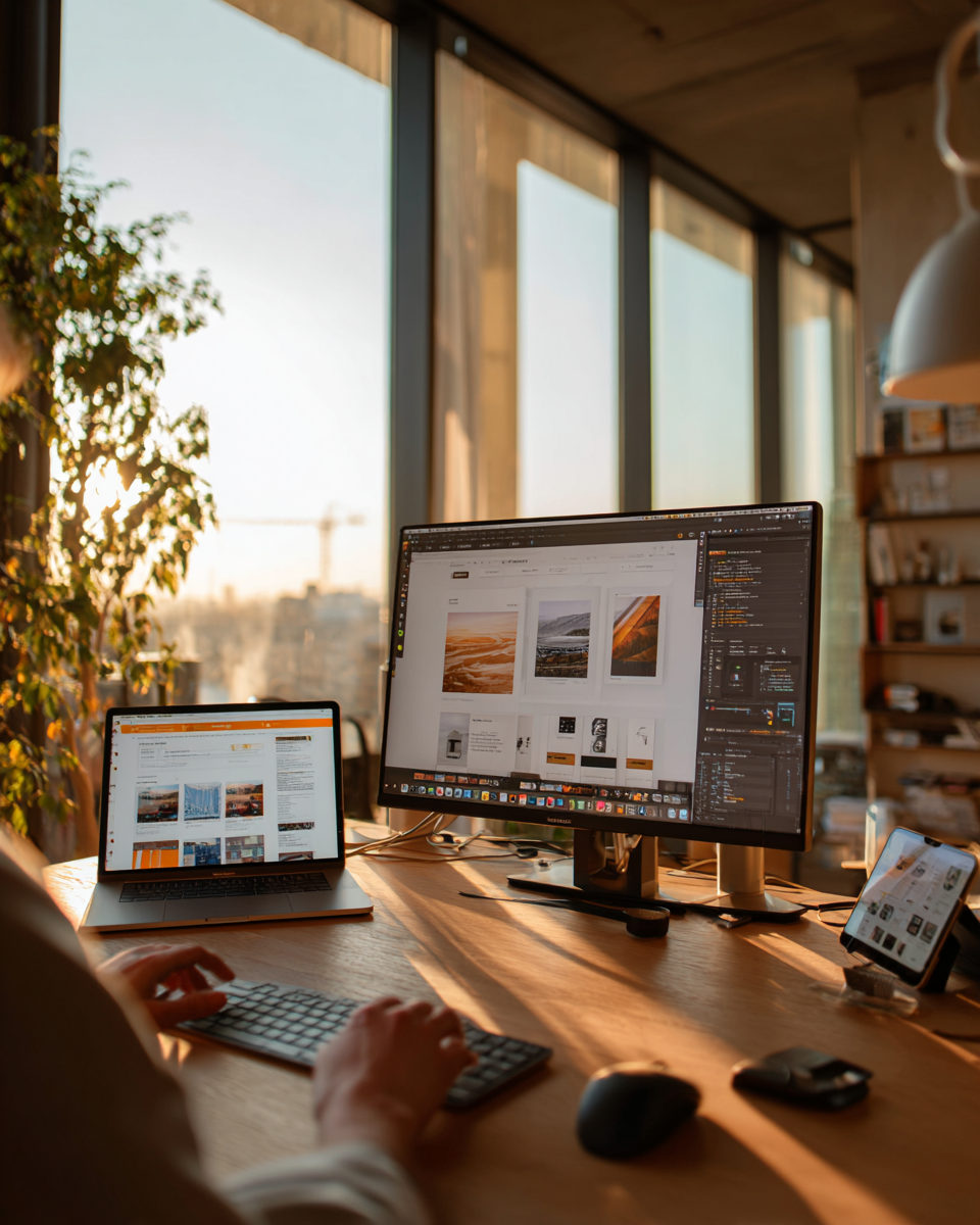 Webdesign-Prozess in München, Designer gestaltet responsive Website auf MacBook und iPad nebeneinander
